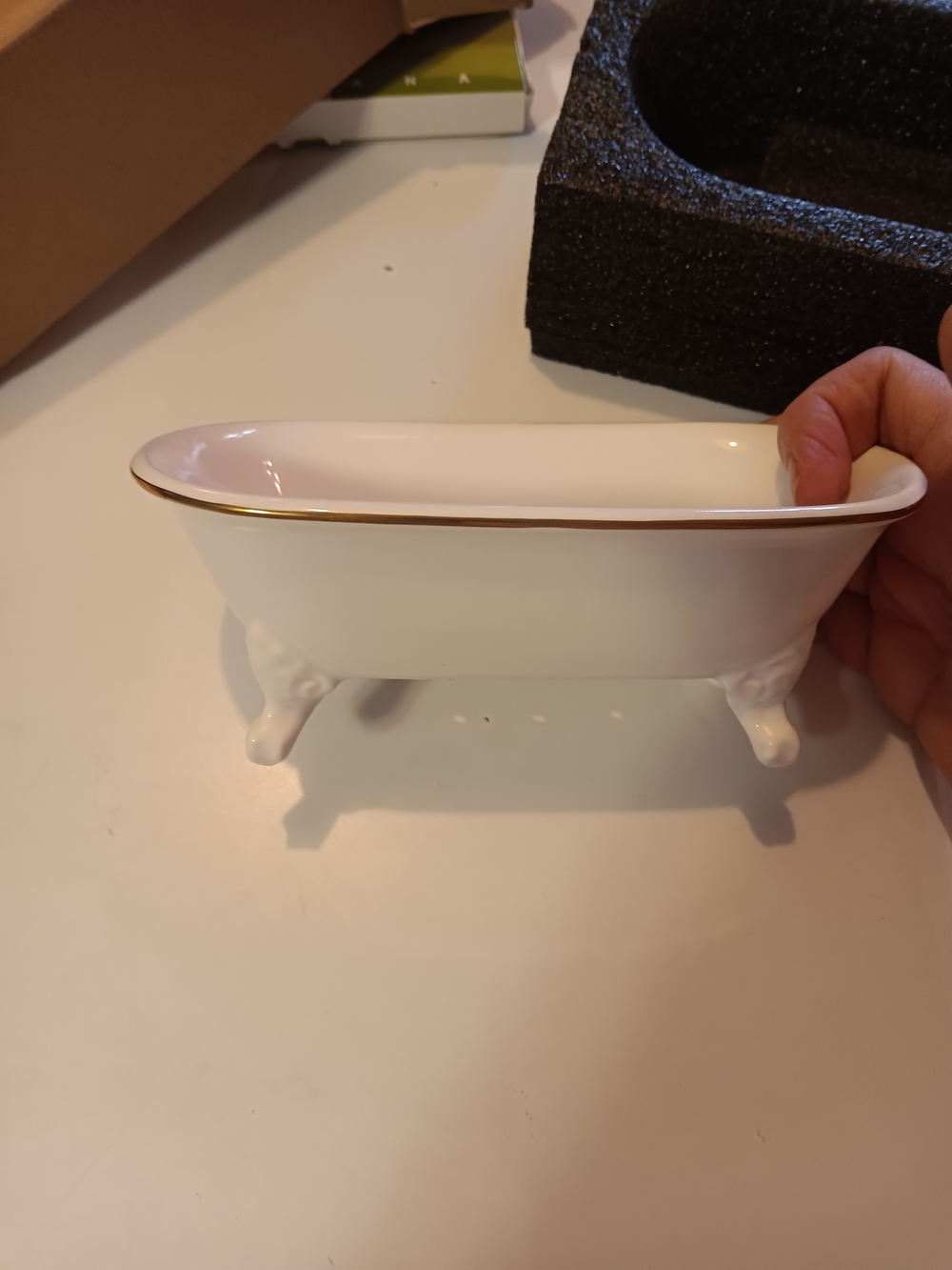 White Ceramic Clawfoot Soap Dish with Gold Trim